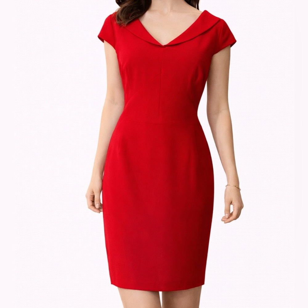 Tahari Levine Dress 12 Red Stretch Sheath Collared Short Sleeve Career Party